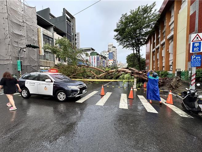 高雄大雨不斷，造成林森、苓雅路口大樹倒塌，壓到一部轎車，車內四人受到驚嚇，一人因頭暈送醫。（警方提供／郭良傑高雄傳真）