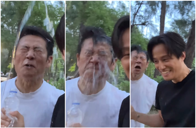 徐乃麟被儿子偷袭喷得一脸水，徐新洋恶作剧成功开心大笑落跑。（图／摄自 IG@nailin.hsu）