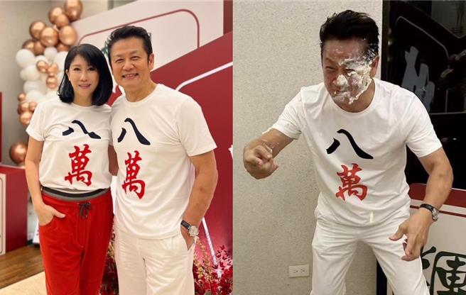 徐乃麟（左图右）在老婆汪家琏及其他友人陪伴下一起庆生。（摘自脸书）