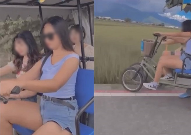 4名辣妹共乘协力车，加速过程不慎偏移，整辆车摔入稻田中。（翻摄爆料公社）