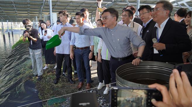 行政院長卓榮泰臽了一勺飼料，抛進漁塭。（寶智華攝）