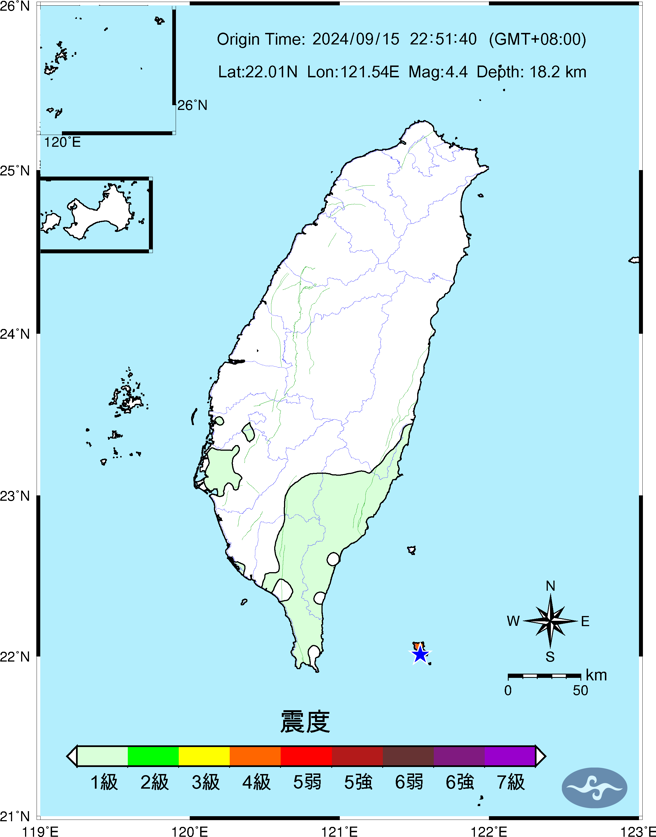 22：51蘭嶼近海地震震度圖。（氣象署）