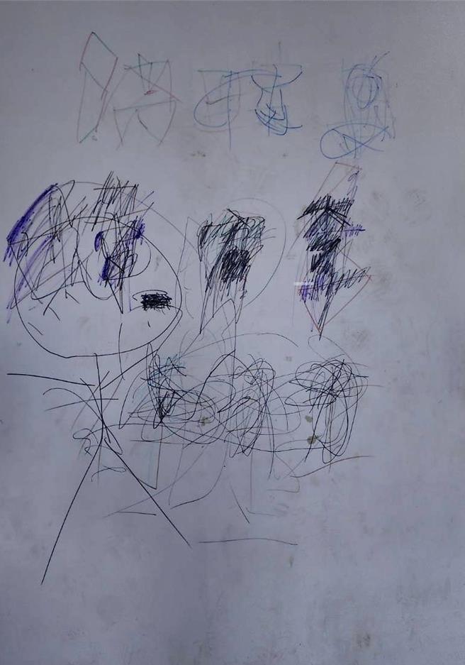 埔里鎮綜合球場的雪白牆壁，遭人惡意用黑色、藍色的簽字筆塗鴉。（民眾提供／楊靜茹南投傳真）