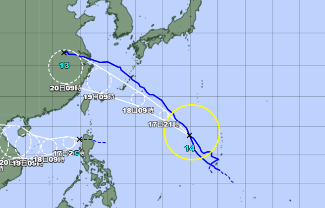 葡萄桑颱風朝西北方向移動，預估19日最接近台灣，北部有大雨機率。（翻攝日本氣象廳）