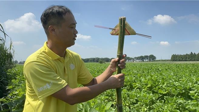 土庫老牛安養中心的園主林家良今（17日）為自己的田換上新的土地公拐。（周麗蘭攝）