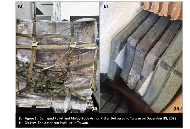 美国国防部近日发布报告，指出由于未做好控管，导致援助给我国的防弹背心和抗弹板发霉。（图 / 翻摄自美国国防部监察报告）
