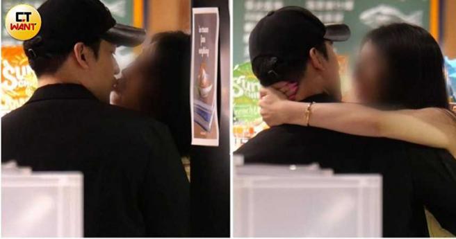 长髮女在百货公司忘情地勾住沈建宏脖子，两人如张鱼嘴般互相索吻。（图／本刊摄影组）