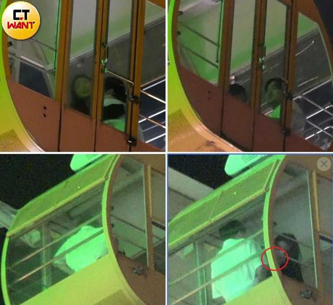 长髮女在摩天轮车厢一直变换不同的姿势，十分忙碌，反倒是沈建宏几乎没动，女方最后还拿出疑似卫生纸的物品遮在嘴前。（图／本刊摄影组）