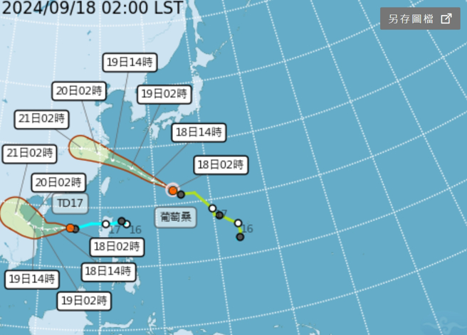 輕颱葡萄桑向西北西朝琉球前進；另一熱帶低壓今天將發展為第蘇力颱風。（中央氣象署提供）