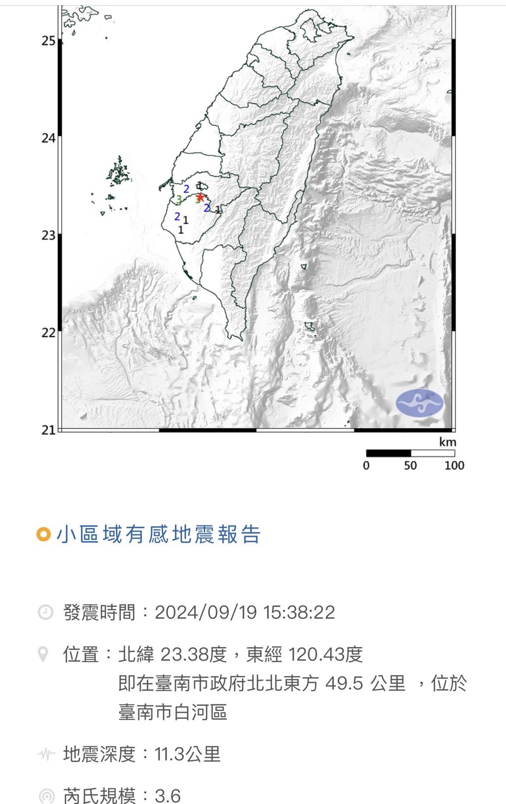 台南白河規模3.6地震 最大震度3級 民眾午睡被嚇醒