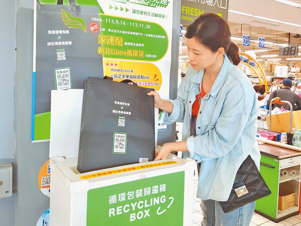 新北市環保局與家樂福合作，只要透過APP下單，即可收到使用「新北Ubox」循環包材包裝的商品，活動期間於指定門市歸還，還可以獲得免運優惠券。（新北市環保局提供／呂健豪新北傳真）
