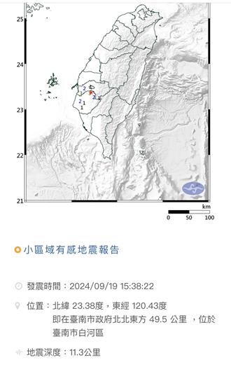 台南白河規模3.6地震 最大震度3級 民眾午睡被嚇醒