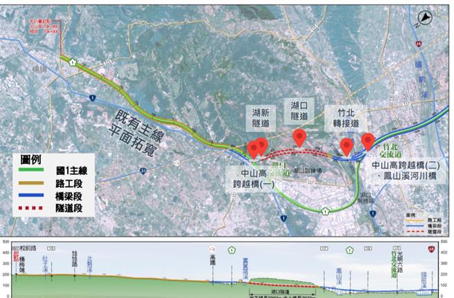 为改善国道1号杨梅头份路段交通经常壅塞情形，交通部高速公路局计画办理拓宽工程，范围北起五杨往南延伸至头份交流道，预计2033年完工。（高工局提供／廖姮玥桃园传真）