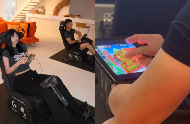 Elly罕同框爸爸许雅钧一起打电动。（图／Threads@polarbearelly）