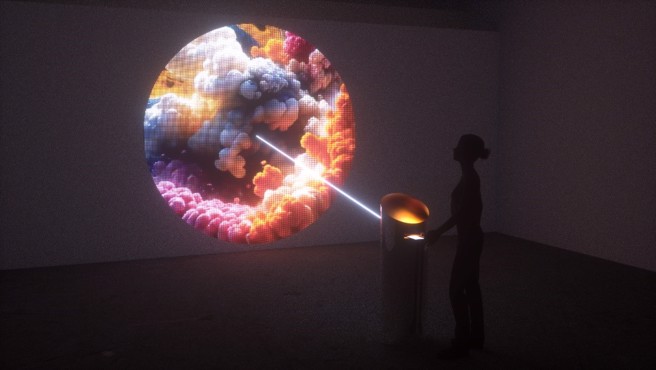 「记忆编码器」，透过上传观眾手机中美好经验照片至作品，储存和压缩集体的经验和记忆，转化为集体意识的投影。（图／桃园市政府提供）