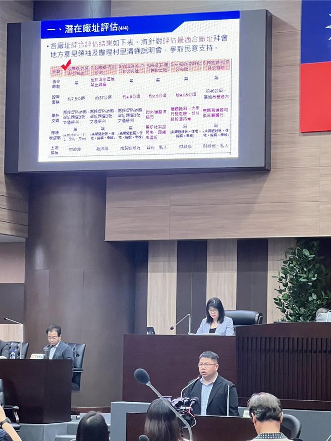 南投县环保局局长李易书进行专案报告，垃圾处理再生能源中心朝兴建日处理700吨垃圾规模，每年回馈金高达1亿多元，用于发现金、补助水电等。（杨静茹摄）