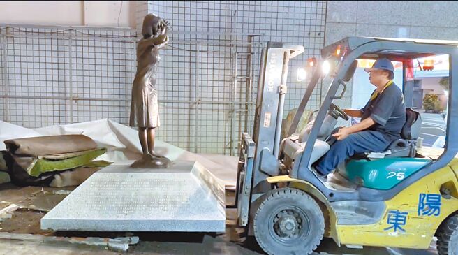 全台唯一一座慰安婦銅像，18日晚間移除，暫時安置他處。（讀者提供／曹婷婷台南傳真）