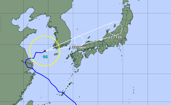 葡萄桑颱风大转弯，侵袭大陆后可能再袭南韩、日本等地。（翻摄日本气象厅）