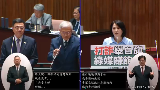國民黨立委王鴻薇20日在立法院質詢央行總裁楊金龍、行政院長卓榮泰。 （截自國會頻道）