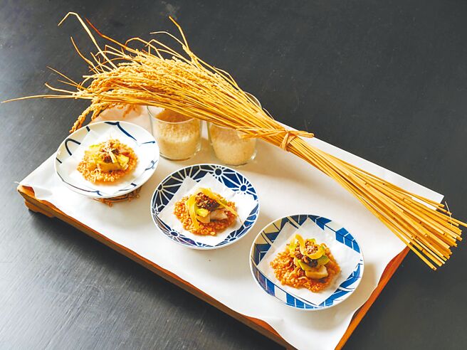 秋季菜单主题「不觉初秋夜渐长」，料理长将自然流艺术体现于初秋新菜之中，图为「红喉酪梨仙贝胡桃味噌酱」。（新竹灯灯庵提供）