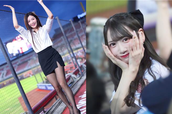 日本偶像团体桃色革命的成员志柿（右）很爱乐天啦啦队女神菲菲。（乐天桃猿提供）