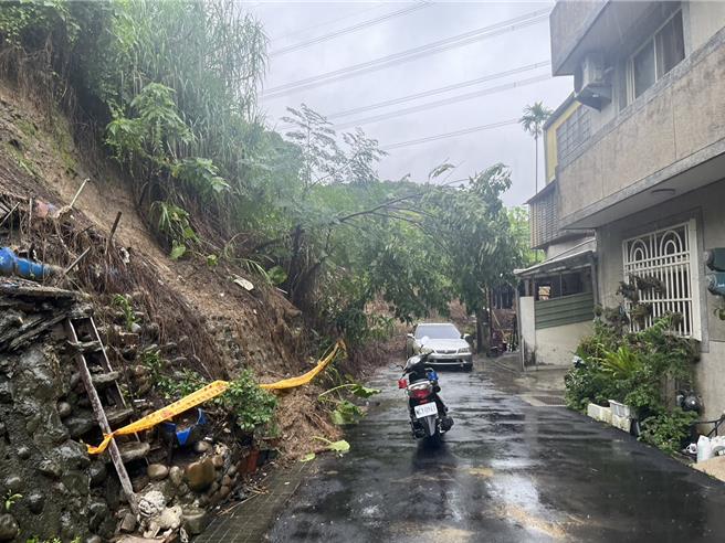 湖山路66巷20號，發生路樹倒塌、土石滑落意外。（三峽警分局提供）