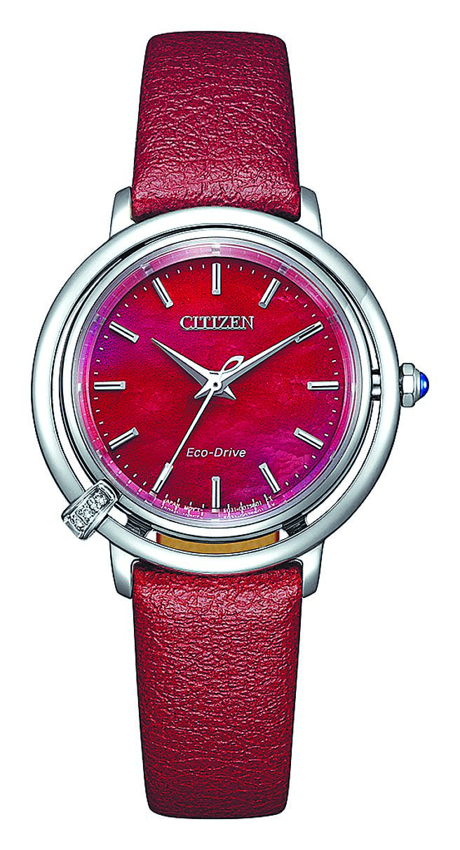 CITIZEN L光动能三针双表圈女表，红色表盘表带款，2万1900元。（CITIZEN提供）