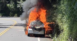 突冒煙趕緊停靠路邊 瞬間火燒車剩骨架！駕駛與乘客順利逃