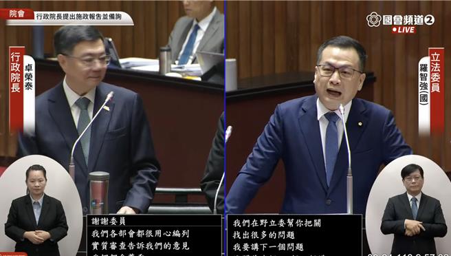 国民党立委罗智强（右）质询行政院长卓荣泰。（国会频道）