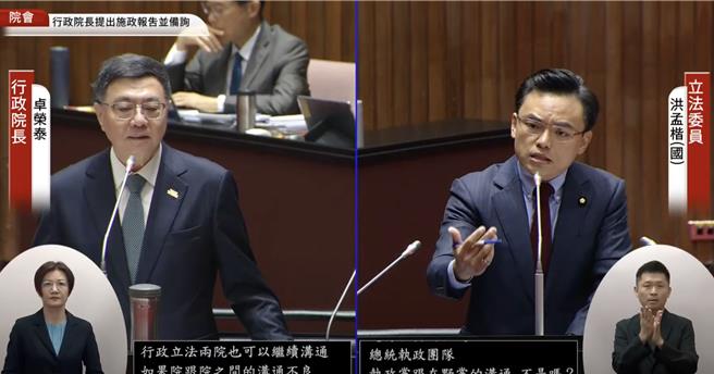 國民黨立委洪孟楷（右）質詢行政院長卓榮泰（左）。（國會頻道）