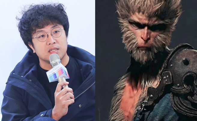 网友们玩《黑神话：悟空》打到第一章魔王黑熊时，忍不住联想到黑熊学院的沈伯洋。（合成图／取自官网、资料照）