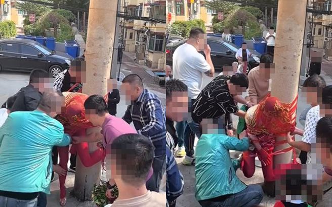 大陸山西省有場婚禮，新娘一下禮車就被劫走，並且遭到眾人綑綁在電線桿上。（圖／翻攝自微博）