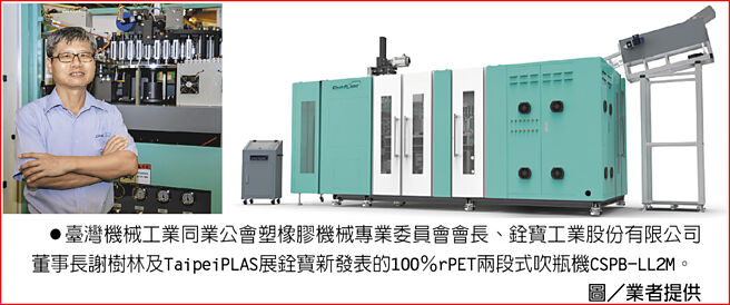 臺湾机械工业同业公会塑橡胶机械专业委员会会长、铨宝工业股份有限公司董事长谢树林及TaipeiPLAS展铨宝新发表的100％rPET两段式吹瓶机CSPB-LL2M。图／业者提供