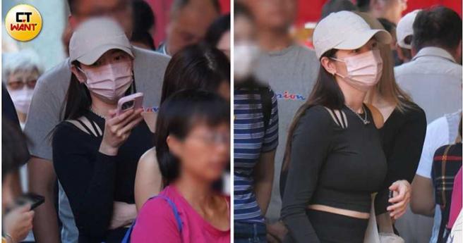 郭雪芙在等待收惊时边看手机，紧身服装还露出小肉肉。（图／本刊摄影组）