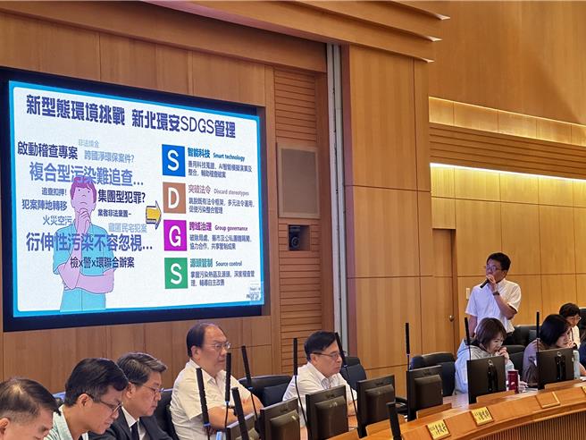 新北市环保局今（25）日在市政会议上以「环安有序 城市永续」为主题报告，指出新北市面临跨区域、复合式等环安威胁，以智能科技、突破法令、跨域治理、源头管制4途径突破。（新北市环保局提供）