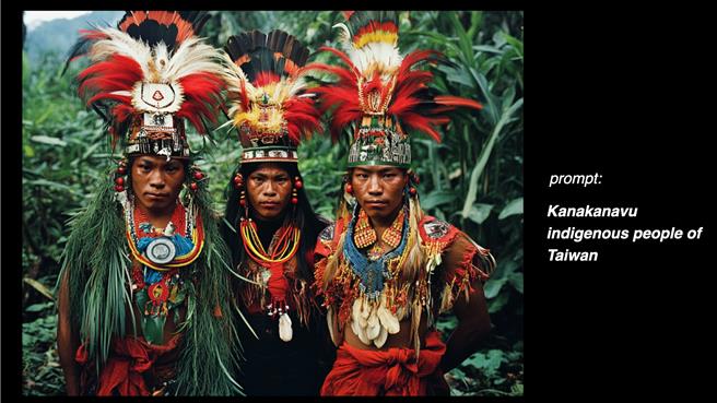 TTXC主题展《G.A.M.E》将科技与艺术结合，以原住民文化为例进行AI生成，其中Patching 计画卡那卡那富族的1张生成图，让族人看了很傻眼，因为从图片中人物头饰、配件，以及身上华丽鲜艷的衣服，都跟卡那卡那富族的风格不同。（高市文化局提供／纪爰高雄传真）