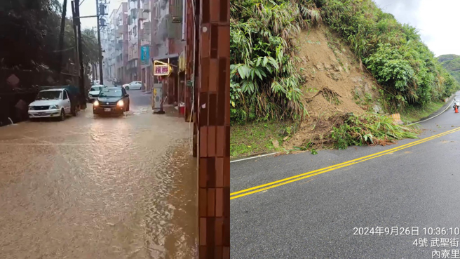 基隆市今日上午出現瞬間強降雨，市內多處產生積水災情。（左：翻攝畫面；右：內寮里長嚴福神提供／徐佑昇基隆傳真）