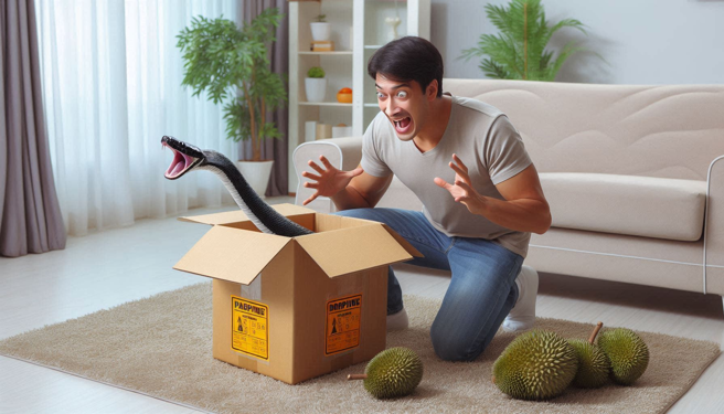 男子网购海南岛榴槤，打开箱子里面居然藏一条黑蛇。（示意图、与本案无关／AI生成）