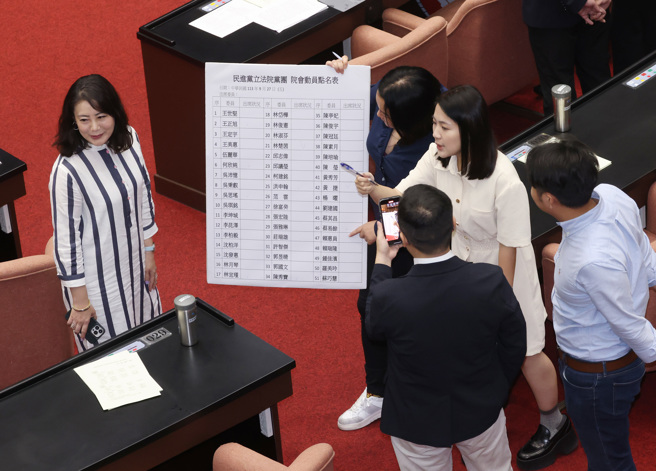 27日立法院院会中，国民党立委徐巧芯（右二）等人拿出点名板帮民进党立委点名。（姚志平摄）