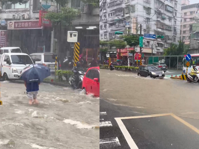 基隆市今日中午過後下起大雨，造成大武崙地區積水嚴重。（民眾提供／徐佑昇基隆傳真）