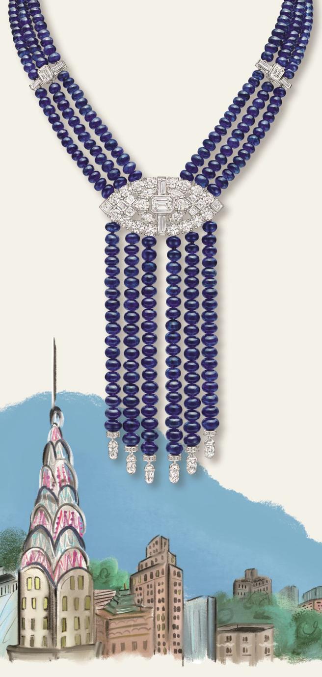 海瑞温斯顿以纽约第五大道为灵感的New York系列Fifth Avenue蓝宝石扁珠和钻石项炼。（Harry Winston提供）