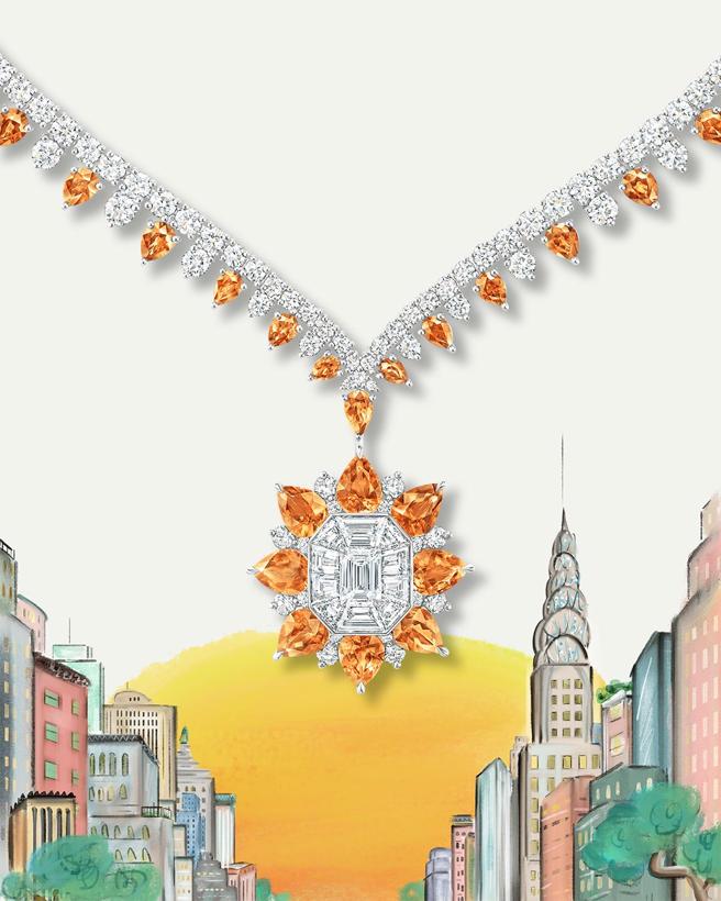 海瑞温斯顿以纽约旗舰店黑白大理石地板为灵感打造的718 Marble Marquetry系列锰铝榴石项炼。（Harry Winston提供）