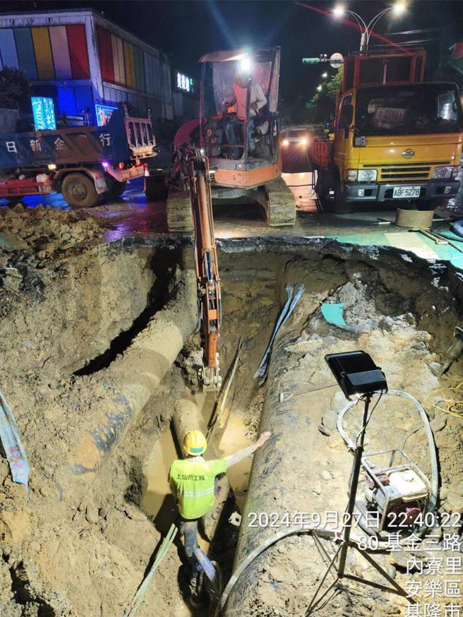 位於基隆市安樂區的基金三路及武聖街口的台水大口徑幹管昨日爆管並搶修，影響9000戶用水。（內寮里長嚴福神提供／徐佑昇基隆傳真）