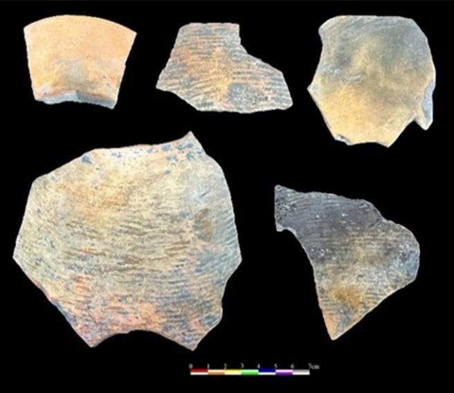 番仔交庄遺址施工中監看採集之橙色夾砂陶片。（言古文化考古團隊提供／廖素慧嘉市傳真）