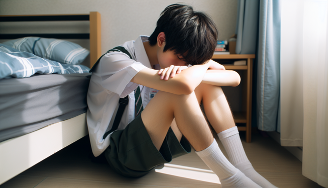 近日有网友在网路上爆料，称弟弟就读桃园市某国中，日前在理化课上要换掉被雨淋湿的裤子，当下被女老师发现后，竟当场要男学生重复脱裤子的动作，并触碰男学生大腿，使男学生感受不舒服。（示意图／AI制图）