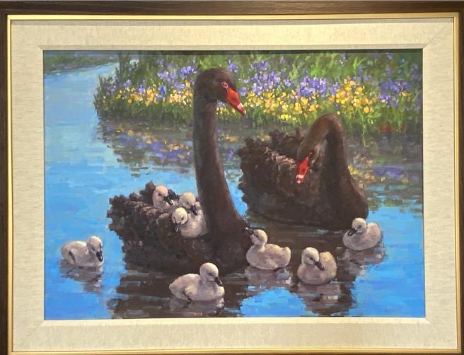 大陸安徽藝術家胡是平、台灣本土藝術家潘蓬彬，兩人攜手自28日起在中市樹瓦藝術舉辦《兩岸文化交流油畫展》，圖為潘蓬彬的作品。（陳淑芬攝）