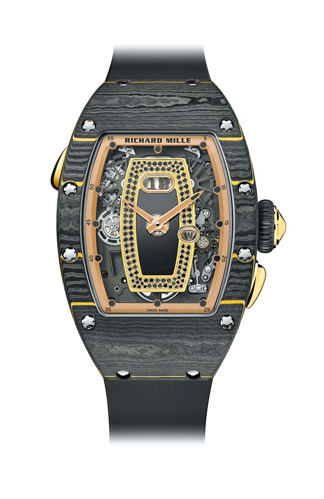RICHARD MILLE RM 037金箔碳纖維腕表，搭載2012年自製的CRMA1自動上鍊機芯。（RICHARD MILLE提供）