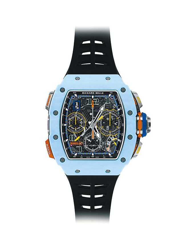 RICHARD MILLE RM 65-01雙秒追針計時碼表，淡藍Quartz TPTR石英纖維款。（RICHARD MILLE提供）