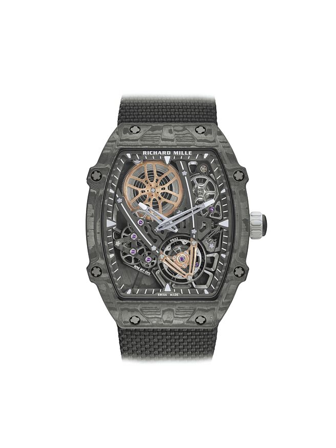 RICHARD MILLE RM27-05 Rafael Nadal飛行陀飛輪腕表，不含表帶重量僅11.5公克，整只表的厚度僅2.12mm。（RICHARD MILLE提供）