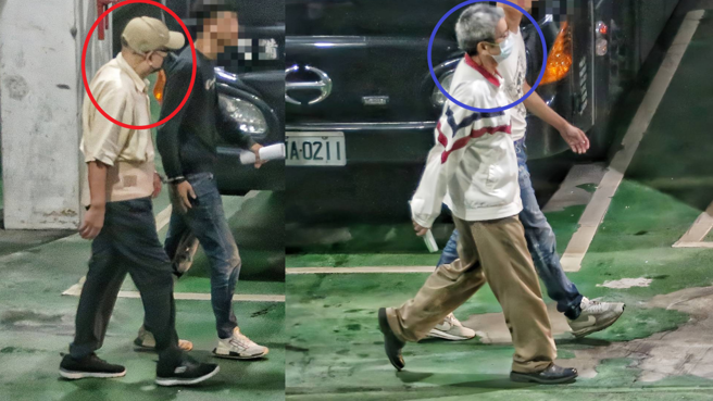 检廉侦办京华城案，北市前兵役局长朱亚虎（红圈）、前北市长办公室主任李文宗（蓝圈），羁押庭后遭裁定羁押禁见，在今天（29日）凌晨戴上手铐步上囚车。（赵双杰摄）